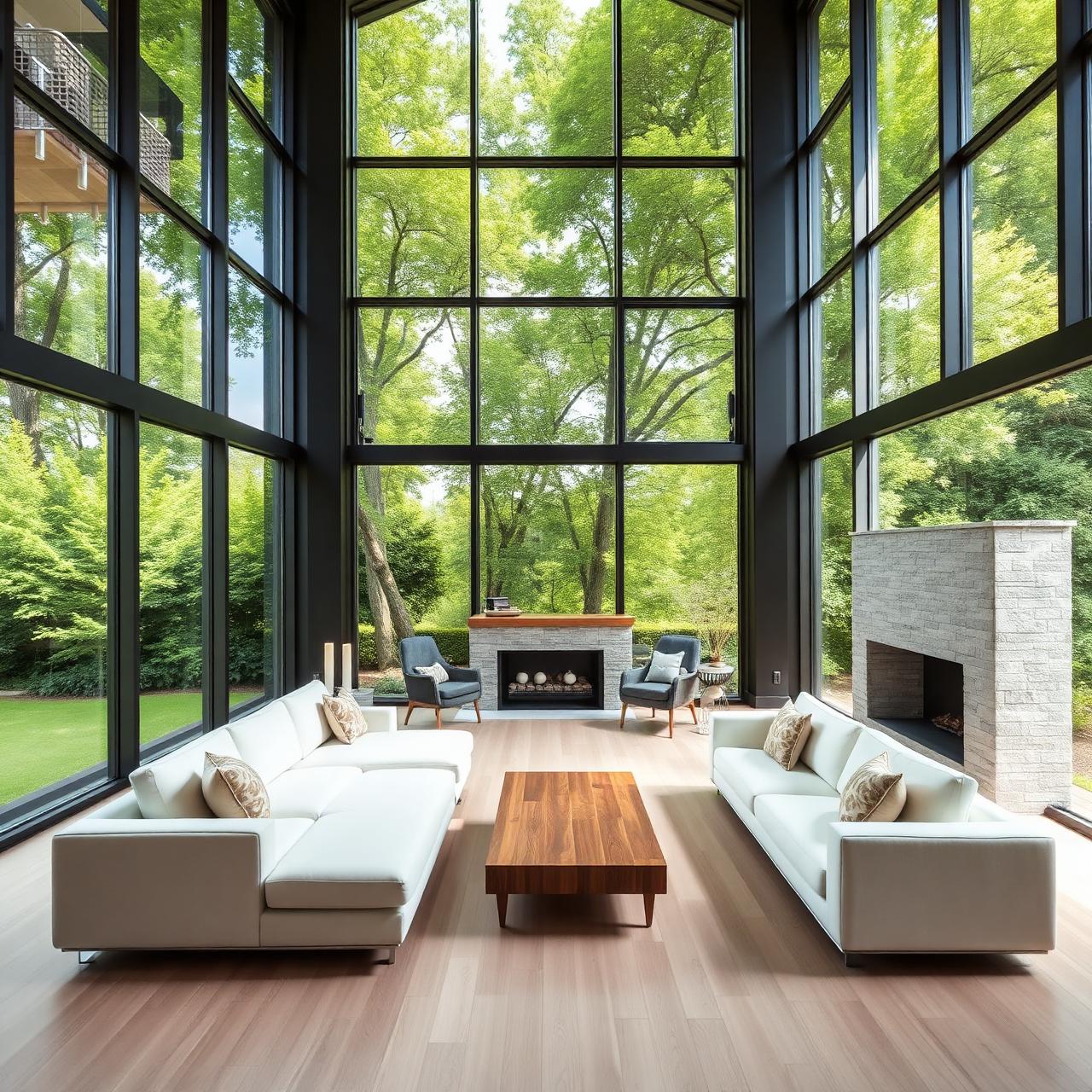Modern living room with floor-to-ceiling windows and luxurious interior